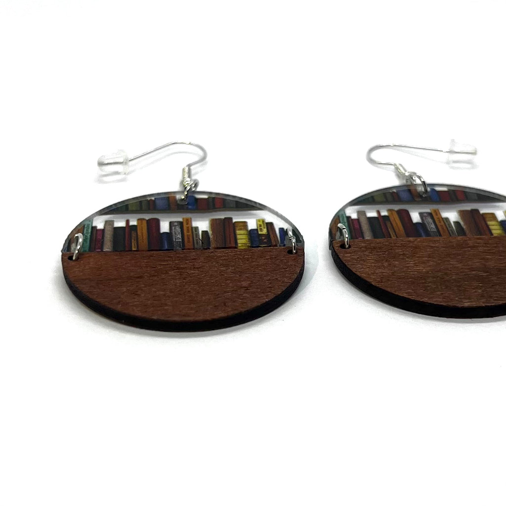 Acrylic Library Bookshelf Wood Drop Pendant Earrings