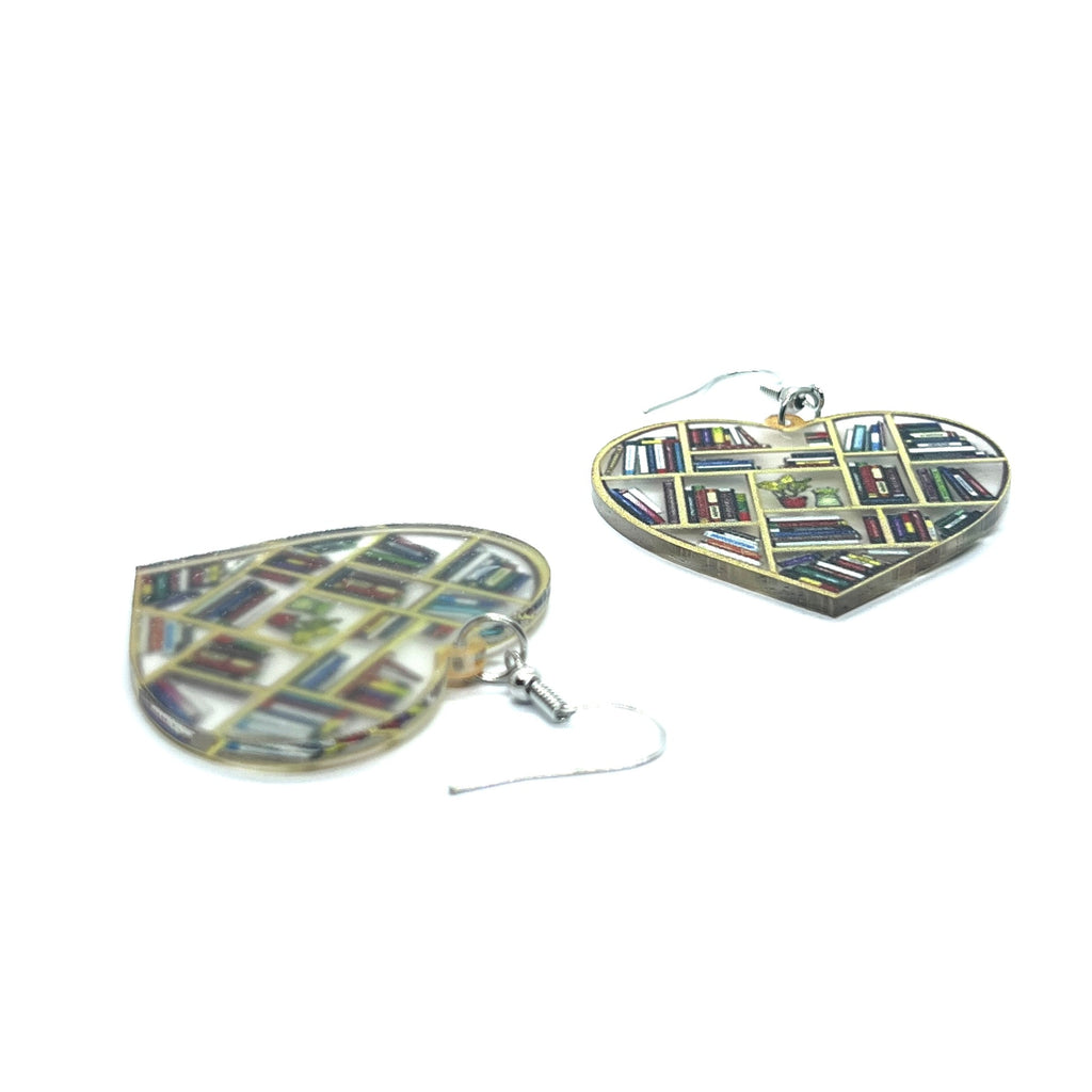Acrylic Library Bookshelf Heart Drop Earrings